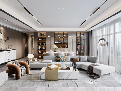 Modern Open Concept Living Dining Room Interior With Gray Sofa Coffee Table And Large Windows 3d model