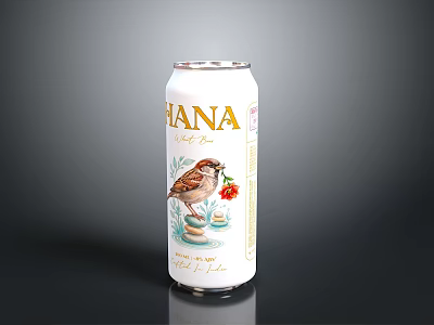 HANA Light Ale Can Design Featuring Sparrow And Red Flower Illustration 3d model