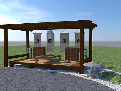 Outdoor Wooden Pergola With Hanging Scrolls Seating Area And Stone Lantern In Garden 3d model