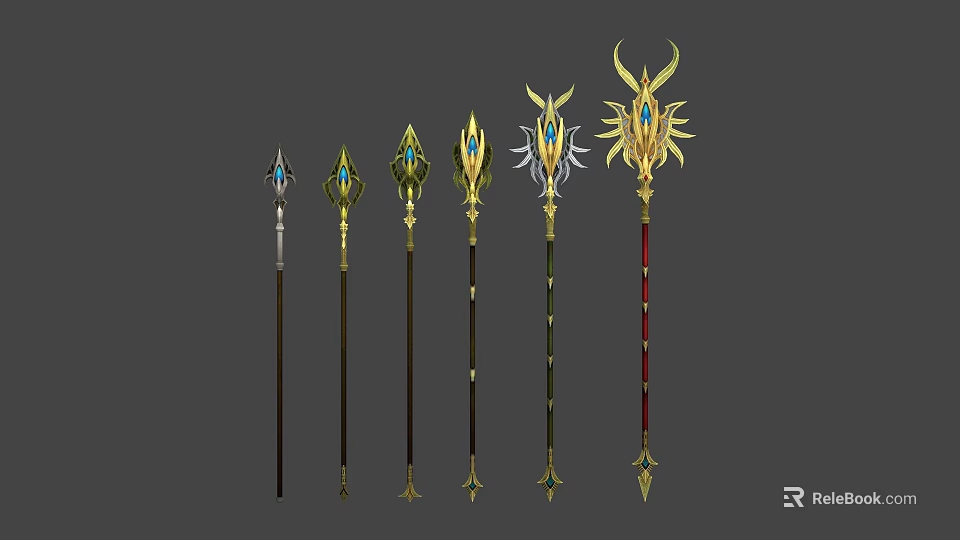 Ornate Magic Staffs With Different Gemstone And Golden Decorative Designs For Fantasy Game 3d model 