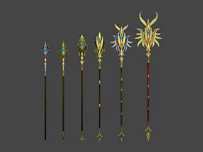Ornate Magic Staffs With Different Gemstone And Golden Decorative Designs For Fantasy Game 3d model