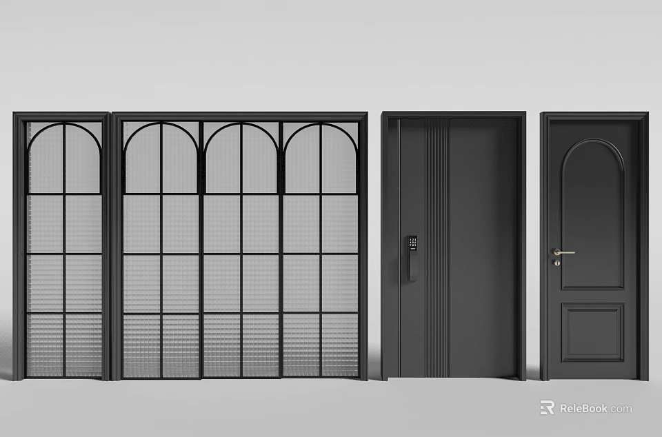 Modern Black Door Designs With Arched Panes Grid And Various Styles 3d model 