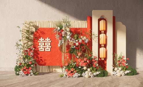 New Chinese Wedding Red Wedding Red Layout Wedding Flower Art Beauty Chen Yingbin Area Photo Area Sign-in Area 3d model