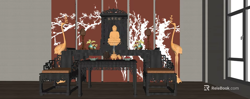 Ancient Architecture Interior With Traditional Buddha Statue Carved Wooden Furniture And Crane Ornaments 3d model 
