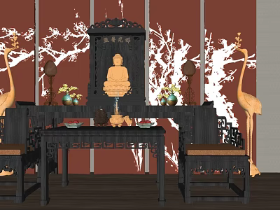 Ancient Architecture Interior With Traditional Buddha Statue Carved Wooden Furniture And Crane Ornaments 3d model