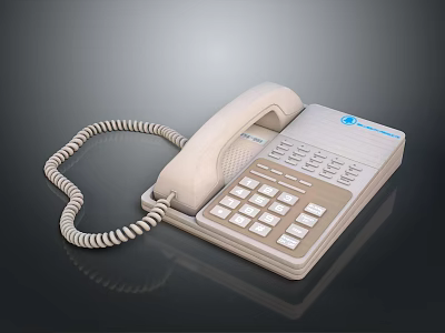 Classic Beige Landline Telephone With Coiled Cord Numeric Keypad And Blue Logo 3d model