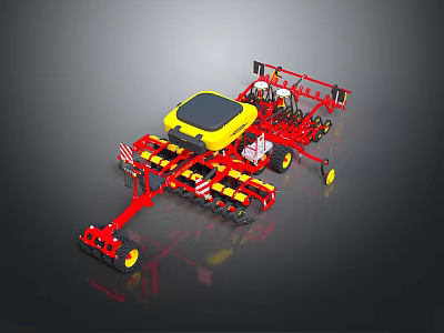 Red And Yellow Agricultural Planter With Metal Frame And Multiple Wheels 3d model