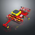 Red And Yellow Agricultural Planter With Metal Frame And Multiple Wheels