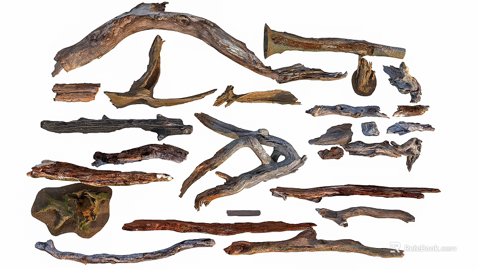 Natural Stone and Wood Logs Branches and Rocks for Decorative Craft Projects 3d model 