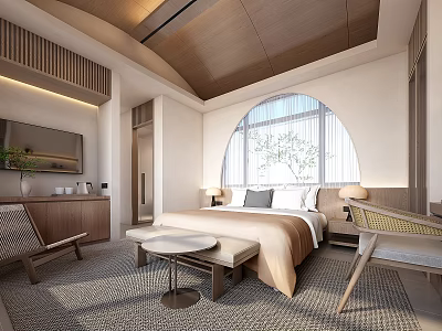 Modern Hotel Guest Room Interior With King Size Bed Arched Window And Cozy Furniture 3d model