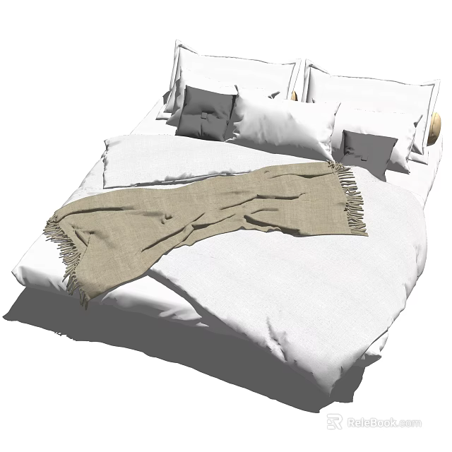 Cozy Double Bed with White Bed Linen Beige Throw Blanket and Pillows 3d model 