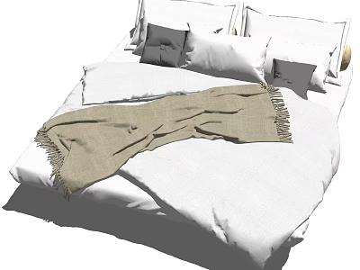 Cozy Double Bed with White Bed Linen Beige Throw Blanket and Pillows 3d model
