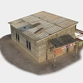 Rustic Wooden Cabin With Sloped Roof Overhanging Eaves And Storage Boxes