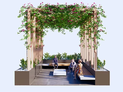Garden Pergola with Lush Green Vines and Pink Flowers and Wooden Benches for Relaxing People 3d model