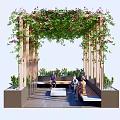Garden Pergola with Lush Green Vines and Pink Flowers and Wooden Benches for Relaxing People