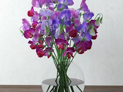 Transparent Glass Vase With Purple Red Blooms In Water On Wooden Surface White Background 3d model