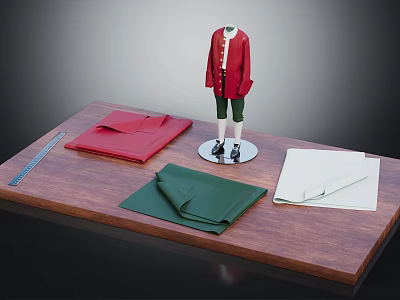 Mannequin In Red Coat And Green Pants With Fabric Pieces And Ruler On Wooden Table 3d model