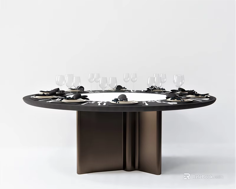 Modern Round Black Marble Dining Table With Brown Metal Legs Set With Cutlery And Plates 3d model 