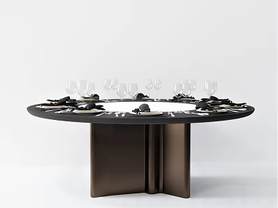 Modern Round Black Marble Dining Table With Brown Metal Legs Set With Cutlery And Plates 3d model