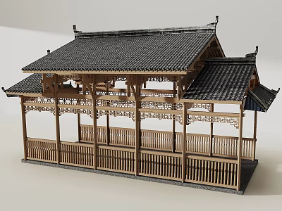 Classic Chinese Ancient Architecture With Black Tiled Roof Open Veranda And Carved Wooden Railings 3d model