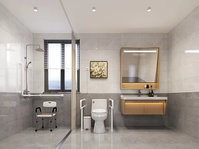 Accessible Bathroom Interior With Safety Rails Shower Chair And Vanity 3d model