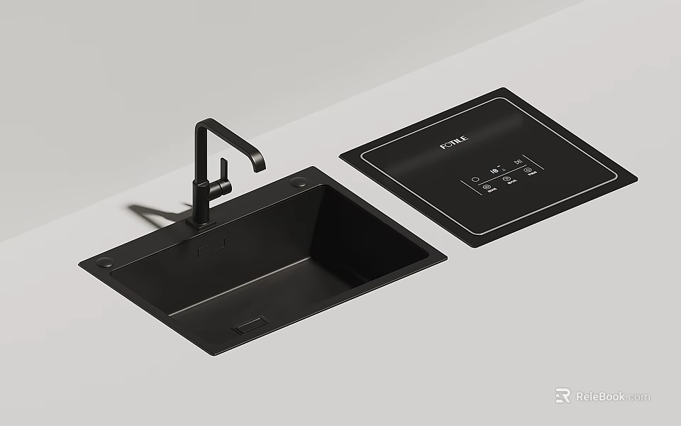 Stylish Black Kitchen Sink With Modern Faucet And Side Drainer Design 3d model 