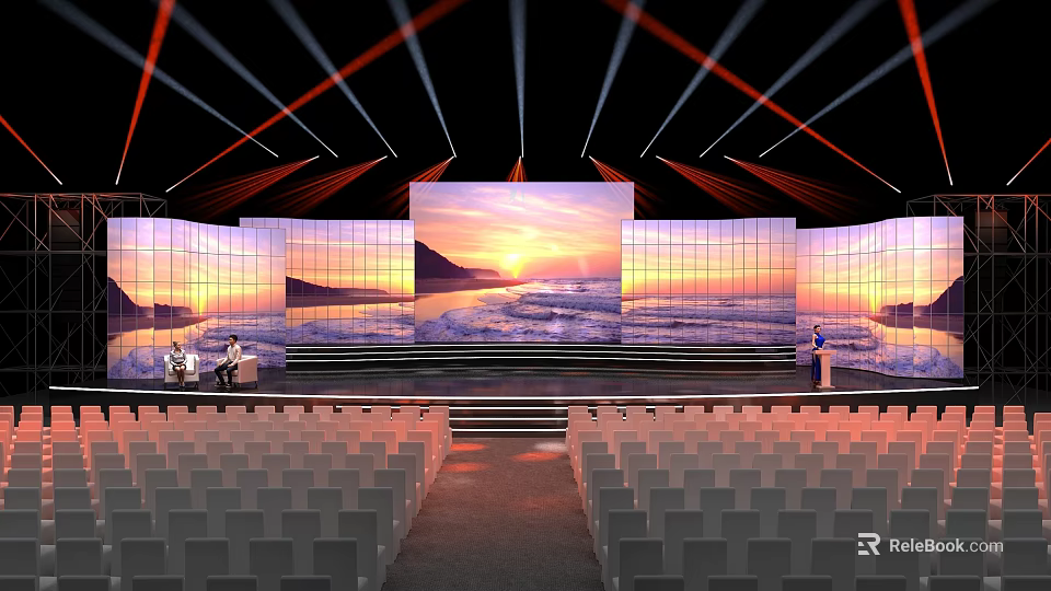 Large Stage Setup With Auditorium Seats And Seaside Sunset Backdrop 3d model 