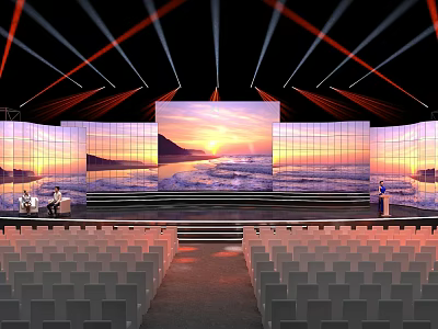 Large Stage Setup With Auditorium Seats And Seaside Sunset Backdrop 3d model