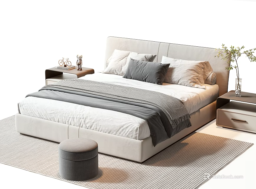 Modern Double Bed with Upholstered Headboard Gray White Pillows Bedside Tables Footstool and Striped Rug 3d model 