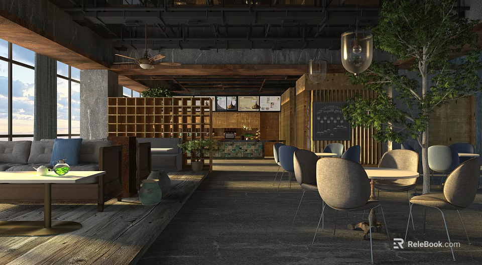 Modern Café Interior With Wooden Elements Green Plants And Hanging Lamps 3d model 