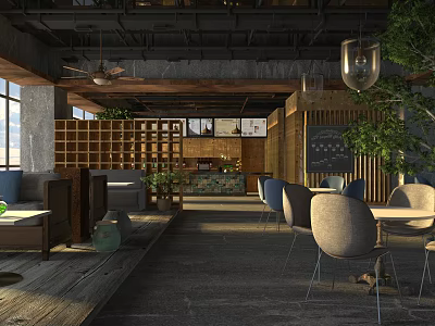 Modern Café Interior With Wooden Elements Green Plants And Hanging Lamps 3d model