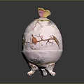 Butterfly and Bird Decorated Ceramic Egg Container with Painted Leaves and Ornate Stand