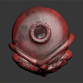 Red Face Shaped Ceramic Vessel With Artistic Eye And Mouth Design On Dark Surface