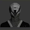 Futuristic Silver Metallic Combat Helmet With Black Shoulder Armor Geometric Cut Surface And Silver Stripes