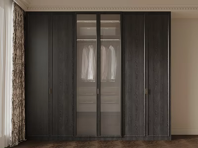 Modern Dark Wooden Wardrobe With Glass Doors And Hanging Clothes Inside 3d model