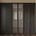 Modern Dark Wooden Wardrobe With Glass Doors And Hanging Clothes Inside