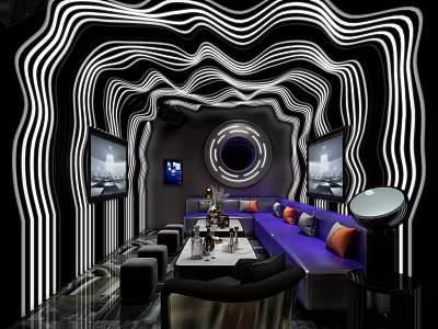 KTV Interior Featuring Black and White Wavy Line Decor Sofa Coffee Table TV Circular Window 3d model