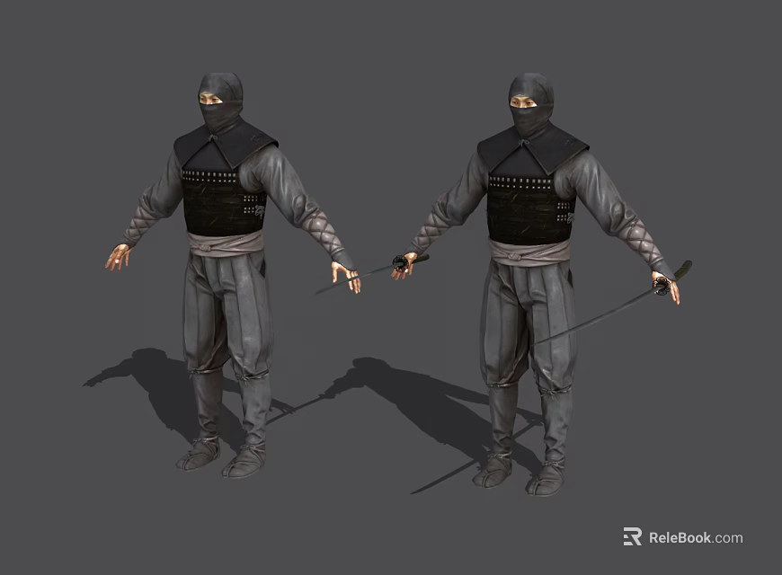 Game and Movie Ninja Character in Gray Black Outfit with Mask and Sword 3d model 
