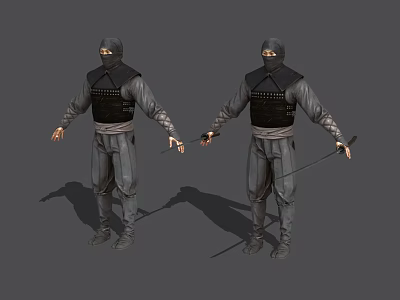 Game and Movie Ninja Character in Gray Black Outfit with Mask and Sword 3d model