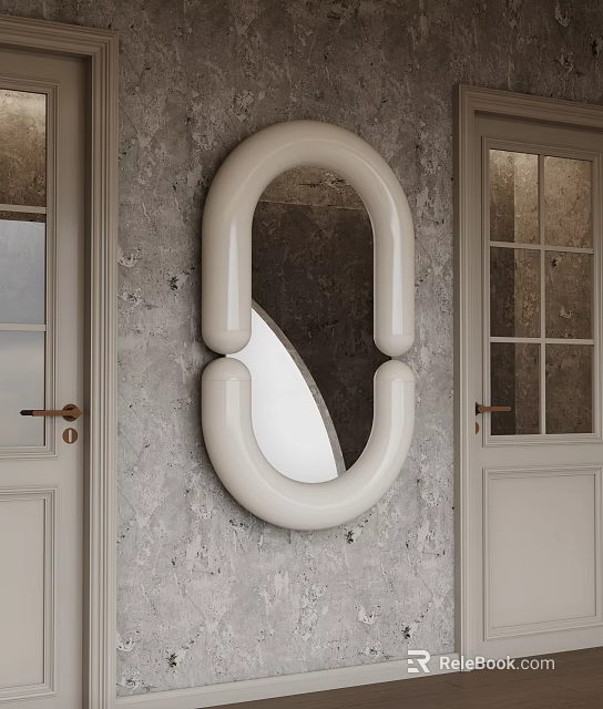 Modern Unique Oval Mirror On Gray Textured Wall With Light Colored Doors And Gold Handles 3d model 