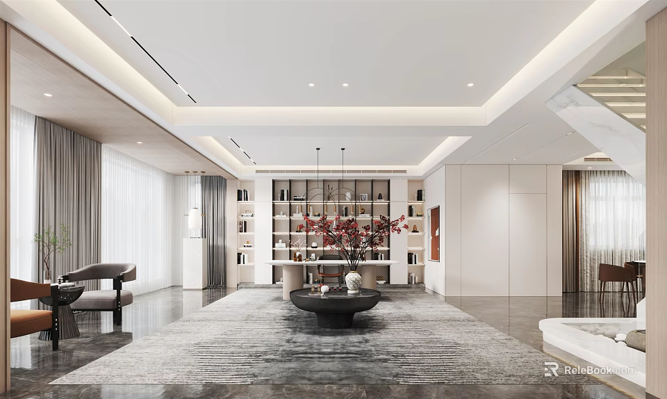 Modern Open Living Dining Room Interior With Sofa Dining Table Display Shelves And Pendant Lights 3d model 