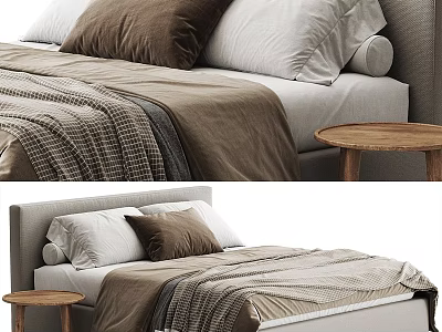 Modern Minimalist Upholstered Double Bed With Cozy Neutral Bedding And Natural Wooden Round Side Table 3d model