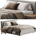 Modern Minimalist Upholstered Double Bed With Cozy Neutral Bedding And Natural Wooden Round Side Table
