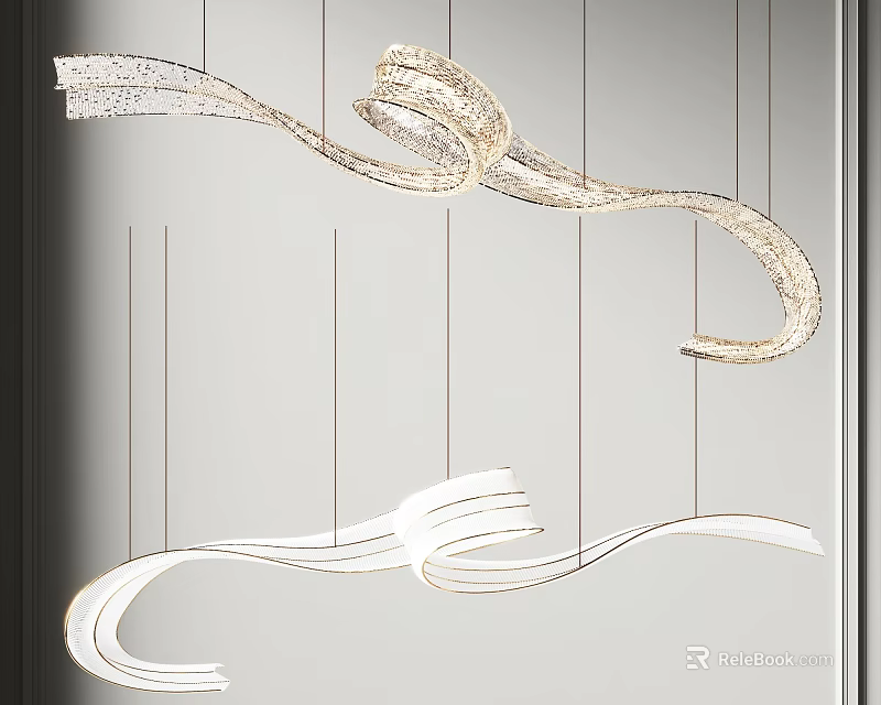 Modern Flowing Curved Chandelier with Metallic Ribbon Design and Hanging Strands in Interior 3d model 