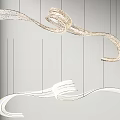 Modern Flowing Curved Chandelier with Metallic Ribbon Design and Hanging Strands in Interior