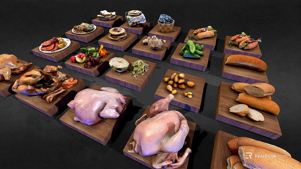Raw Chicken and Various Food Items Displayed on Wooden Trays 3d model 
