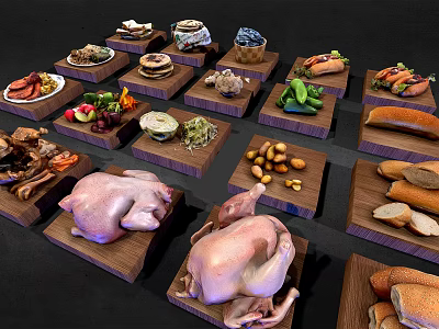 Raw Chicken and Various Food Items Displayed on Wooden Trays 3d model