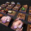 Raw Chicken and Various Food Items Displayed on Wooden Trays