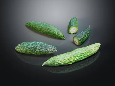 Fresh Green Cucumbers Whole And Sliced On Black Surface With Reflection 3d model