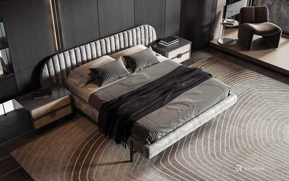 Modern Double Bed with Velvet Headboard Striped Bedding Black Blanket Nightstands and Wavy Rug 3d model 